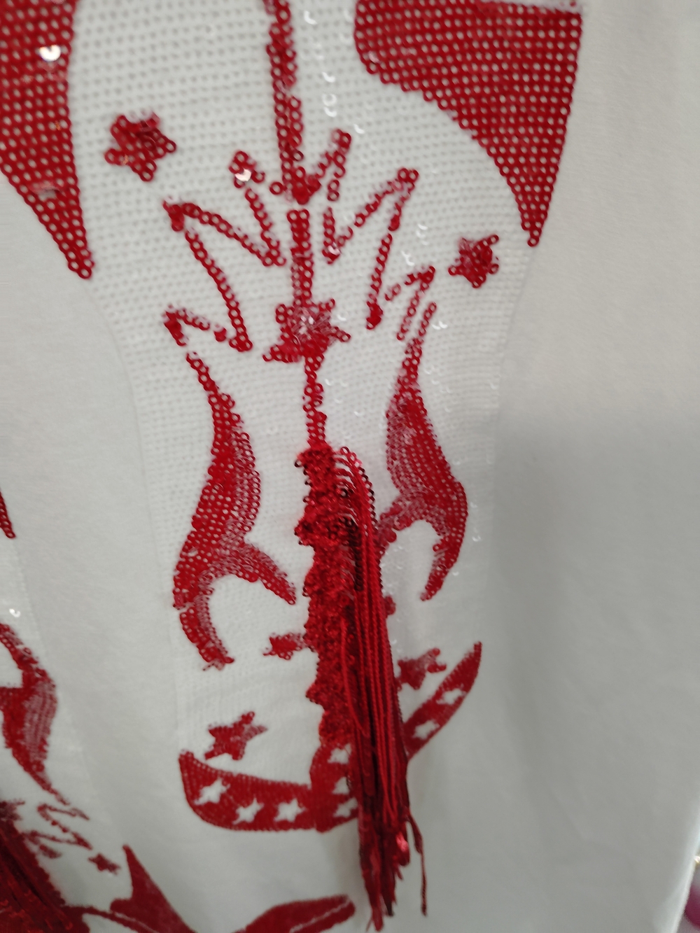 White  Tee Shirt Dress with Red Sequin Star & Tassel Detail